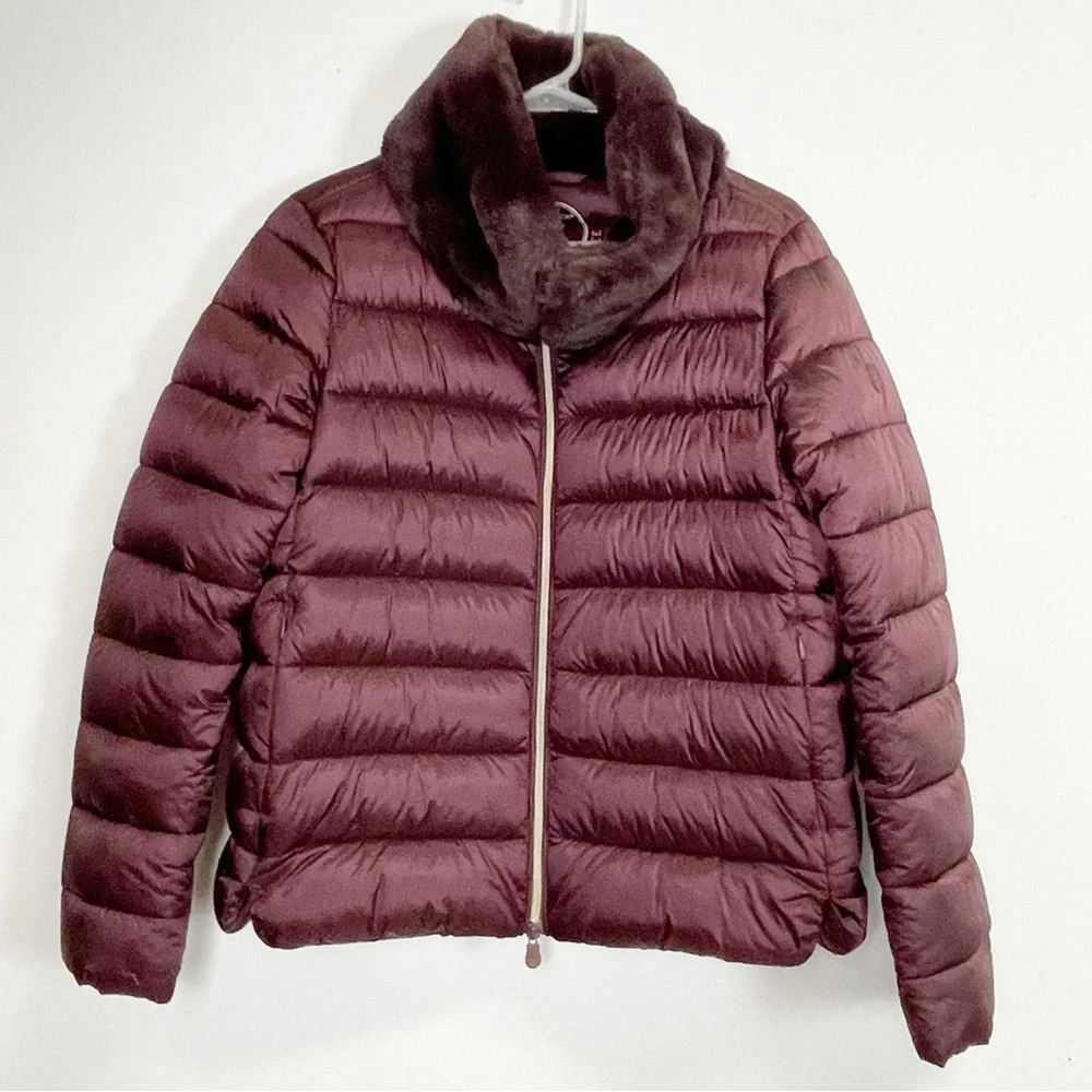 NEW Save The Duck Coat Womens Large Mei Puffer Jacket Burgundy Faux Fur Collar